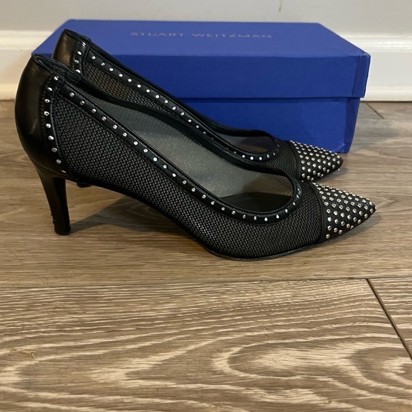 Stuart Weitzman Womens Black Leather Studded Pointy Toe Heels Size 8.5 M - Picture 4 of 8